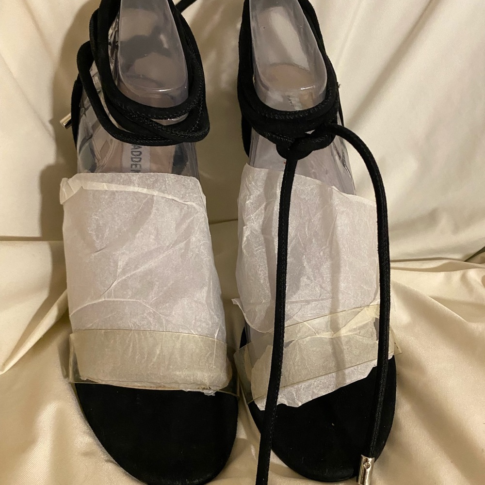 Sexy & strappy! Clear front strap. Suede string heel strap. 6” heel. With box.
